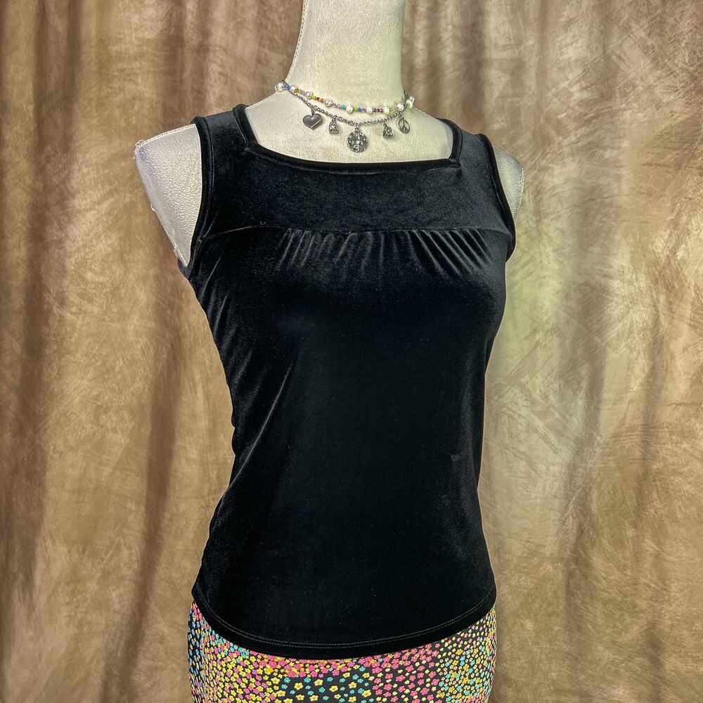 Vintage Y2K Velour Tank Top Black Ruched Square Neck Sleeveless Indie Goth 2000s - Picture 3 of 7